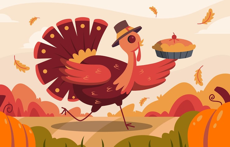 Vector a cartoon of a turkey with a cake and a plate of food