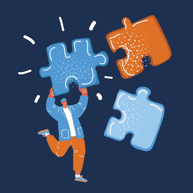 Vector cartoon vector illustration of man running and carrying puzzle piece to another pieces of jigsaw solution concept