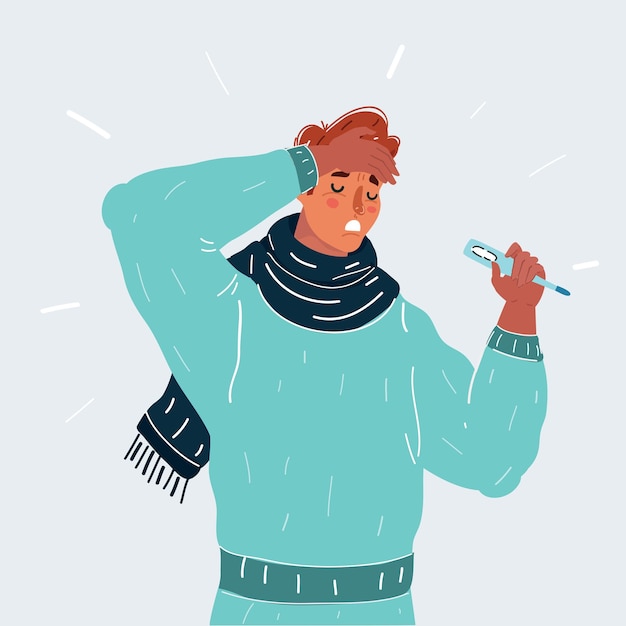 Vector cartoon vector illustration of man in scarf have fever cold and look at thermometer in his hands