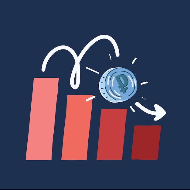 Vector cartoon vector illustration of russian coin ruble falling down trading chart collapse and falling