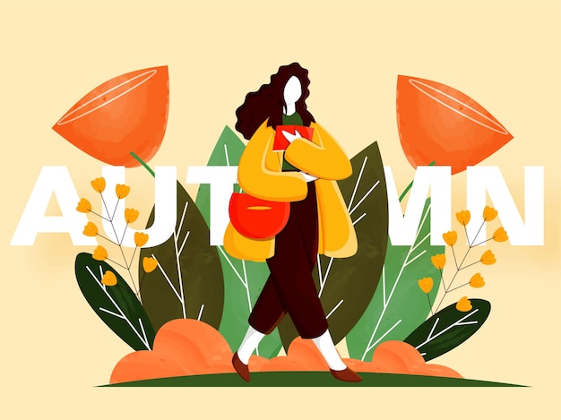 Vector cartoon young woman holding book with handbag, flowers and leaves decorated on yellow background for autumn season.