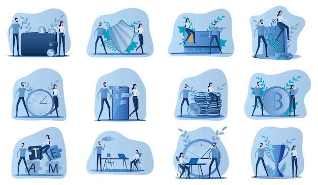Vector cash payments security sale cryptocurrency office work a set of flat vector illustrations