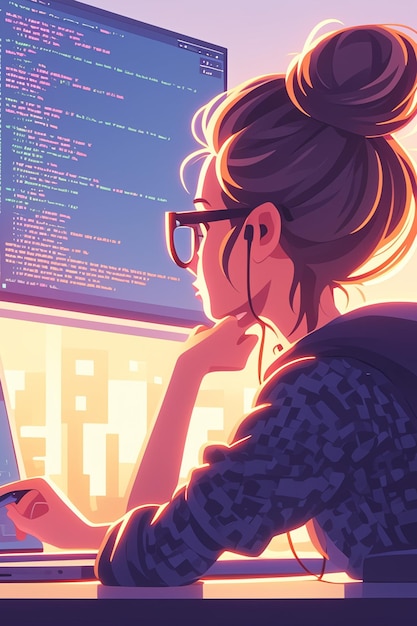 Vector caucasian female software developer in her 40s debugging a program