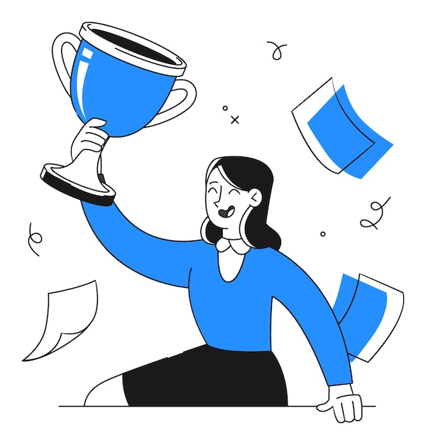 Vector celebratory woman holding a trophy