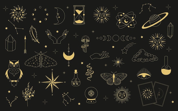 Vector celestial mystical astrology set of celestial mystic and magic occult elements
