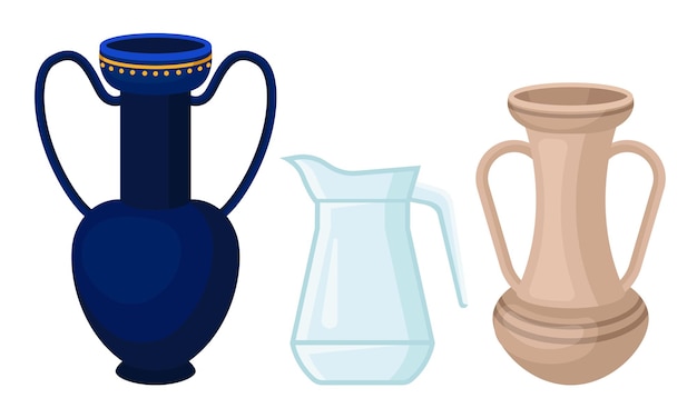 Vector ceramic and glass pitchers as container for pouring liquids vector set