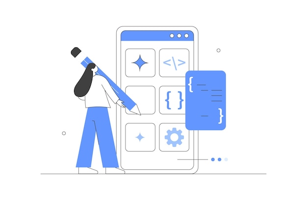 Vector character developing new mobile app programming and coding code for mobile user interface vector