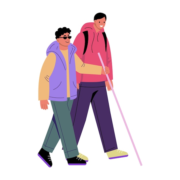 Vector a character helps a blind walking person flat illustration