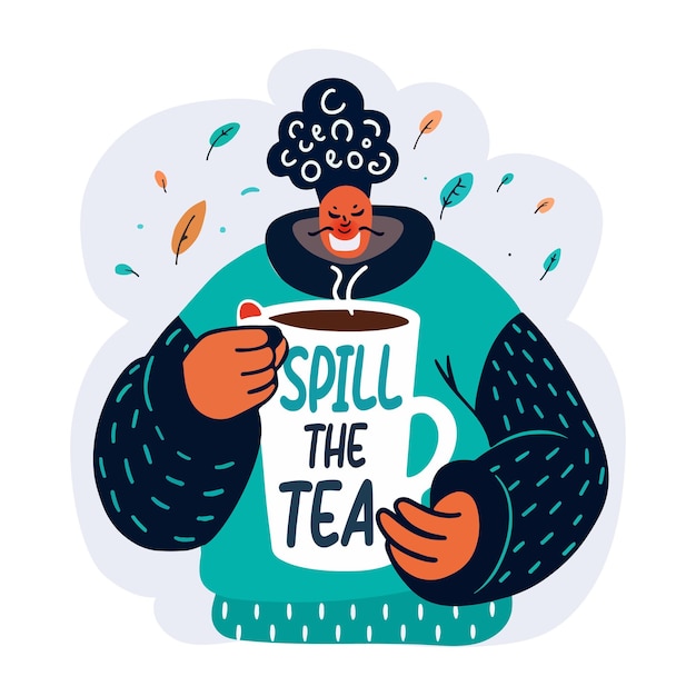 Vector a character holding a cup with spill the tea typography a flat sticker