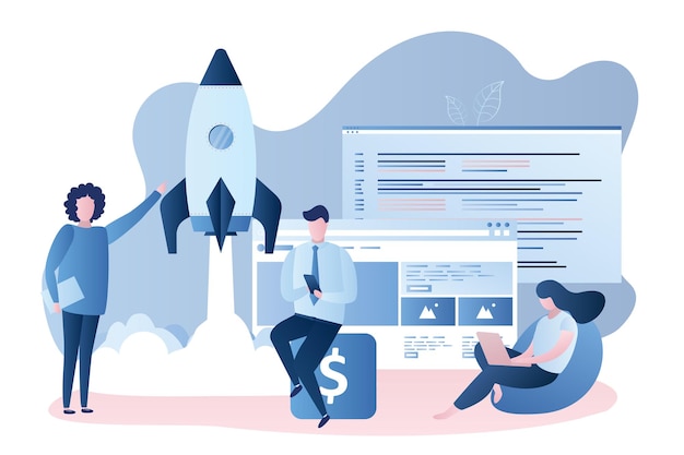 Vector characters talking discussion spaceship take off and startup concept web site design and interface