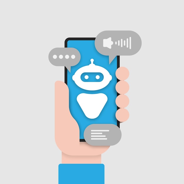 Vector chat bot on a smartphone screen in hand