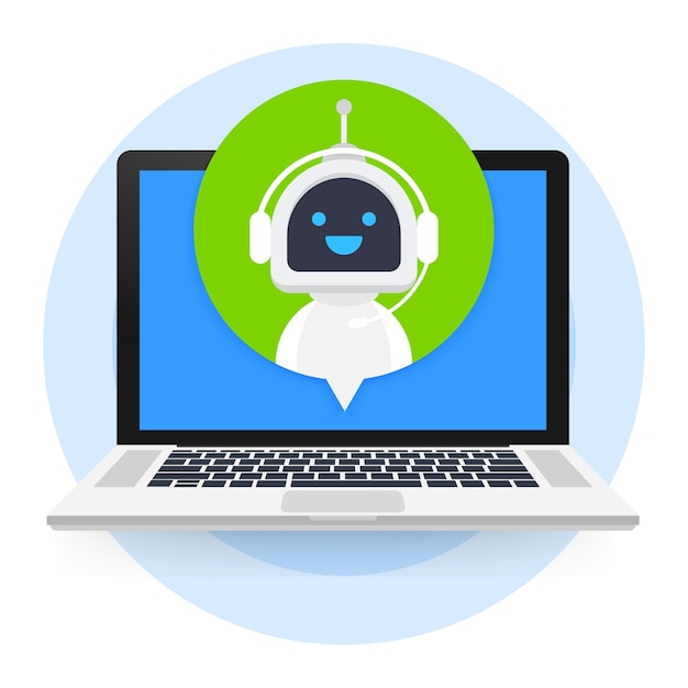 Vector chat bot using laptop computer, robot virtual assistance of website or mobile applications. voice support service bot. online support bot