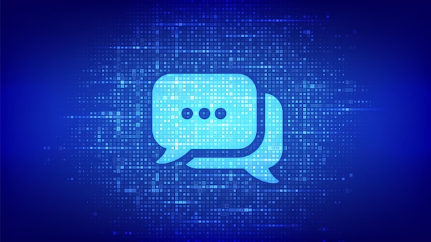 Vector chat icon made with binary code chatbot assistant application talk bubble speech dialogue balloon binary data and streaming digital code matrix background with digits 10 vector illustration