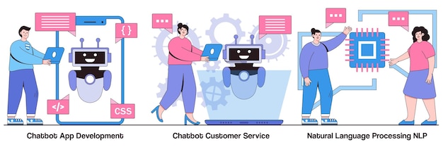 Vector chatbot app development customer service and natural language processing concept with people characters ai programming vector illustration pack client support web chat machine learning metaphor