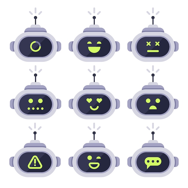 Vector chatbot avatar. computer android robot with facial expressions icon set
