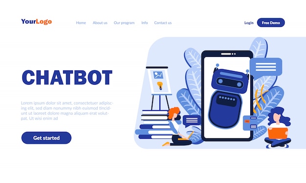 Vector chatbot flat landing page template with header