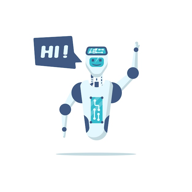 Vector chatbot icon cute robot greets with wave of hand