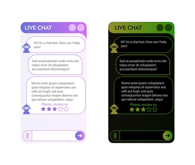 Vector chatbot window. dark and light mode. user interface of application with online dialogue. conversation with a robot assistant