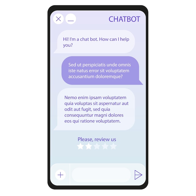 Vector chatbot window on smartphone screen. user interface of application with online dialogue. conversation with a robot assistant