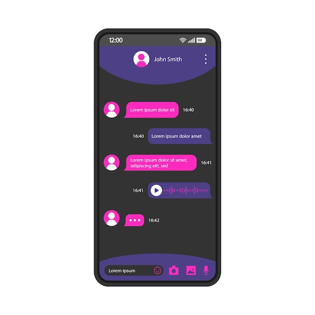 Vector chatting app smartphone interface vector template mobile page black design layout instant messages echange screen flat ui for application voice message audio record sending phone display