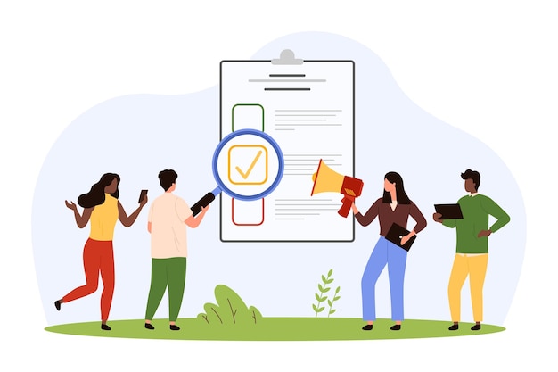 checking and analyzing the survey list by tiny people with a magnifying glass and a megaphone