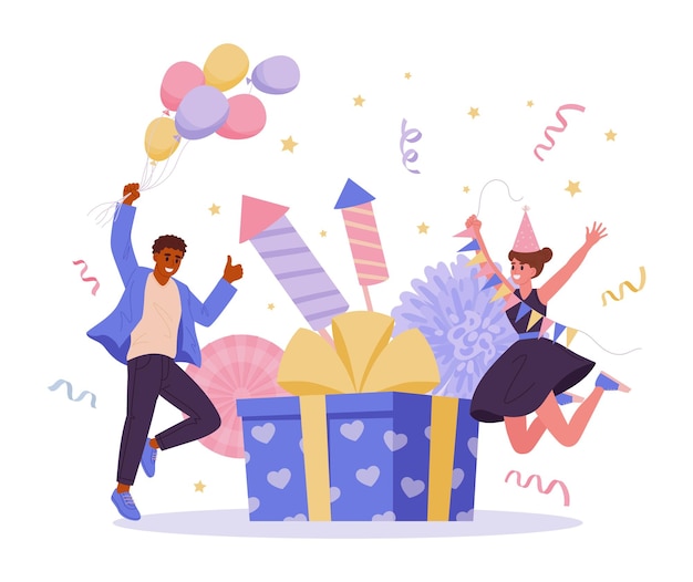 Vector cheerful couple celebrating birthday party vector illustration birthday party celebration concept