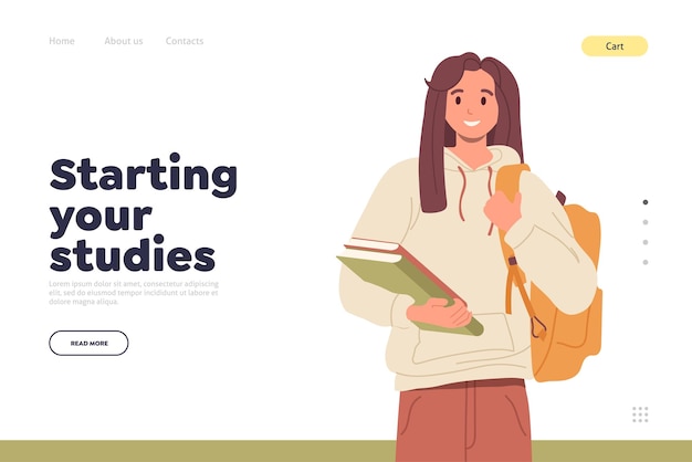 Vector cheerful female student character smiling friendly standing with book and backpack landing page