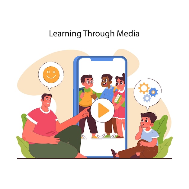 Vector child socialization skill development dad teaching his little son to make friends and interact with