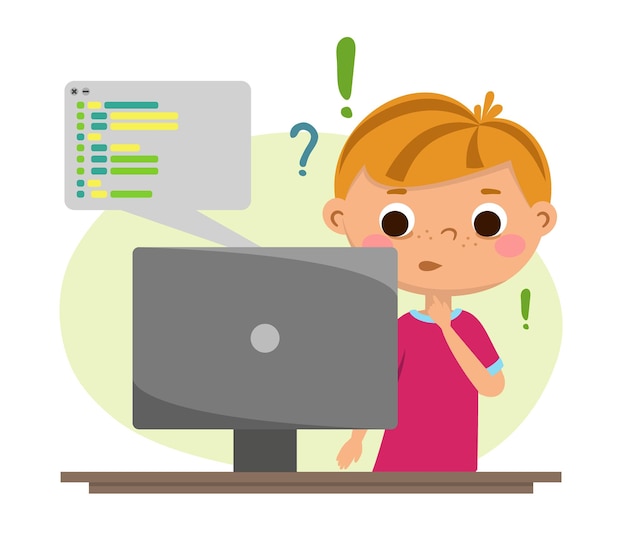 Vector the child writes the program code children robotics programming vector illustration isolated