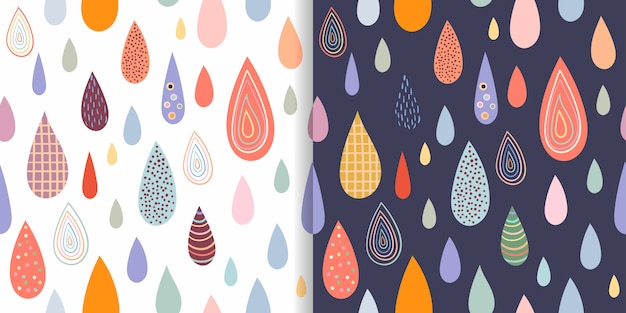 Vector childish seamless patterns set with colorful rain drops