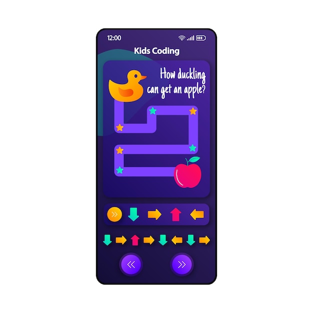 Vector children game smartphone interface vector template mobile app page violet design layout labyrinth path screen flat ui for application developing kids logical thinking phone display