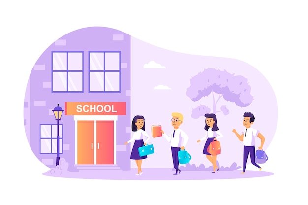 Vector children go to school flat design concept with people characters scene