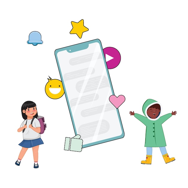 Vector children near mobile interface celebrating messages and reactions