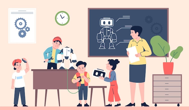 Vector children robotics project cute flat kids with teacher making robot or android course of programming cyborgs smart technologies recent vector scene