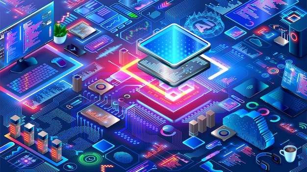 Vector chip with ai control smart devices electronics cpu industry hardware software computer technology development engineering electronics systems devices ai processor artificial intelligence