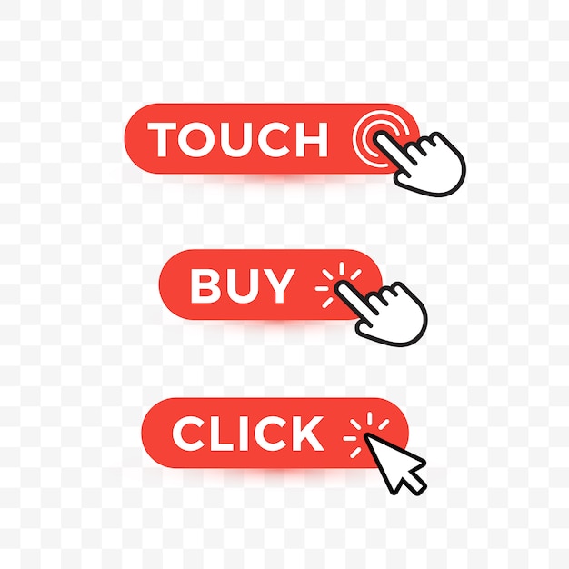 Vector choice web buttons set. touch, but and click text on rounded buttons with arrows or hand pointer.