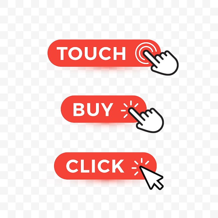 Choice web buttons set. Touch, but and click text on rounded buttons with arrows or hand pointer.