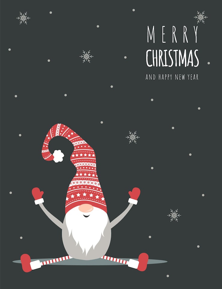 Vector christmas card with cute scandinavian gnome in red hat. season greetings.