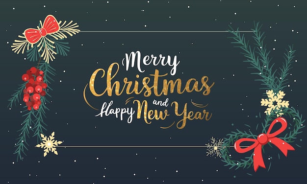 Vector christmas design background with golden lettering merry christmas frame with christmas elements