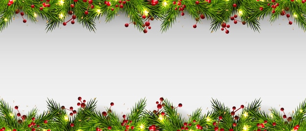 Vector christmas garland christmas tree branch red berries with shiny stars