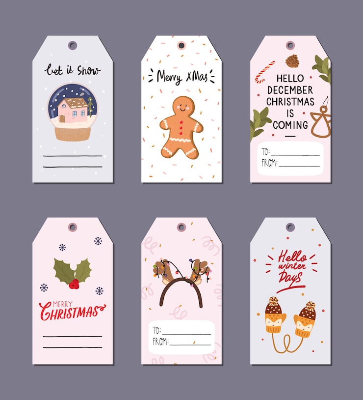 Vector christmas greeting gift tags set with winter elements and holiday lettering.