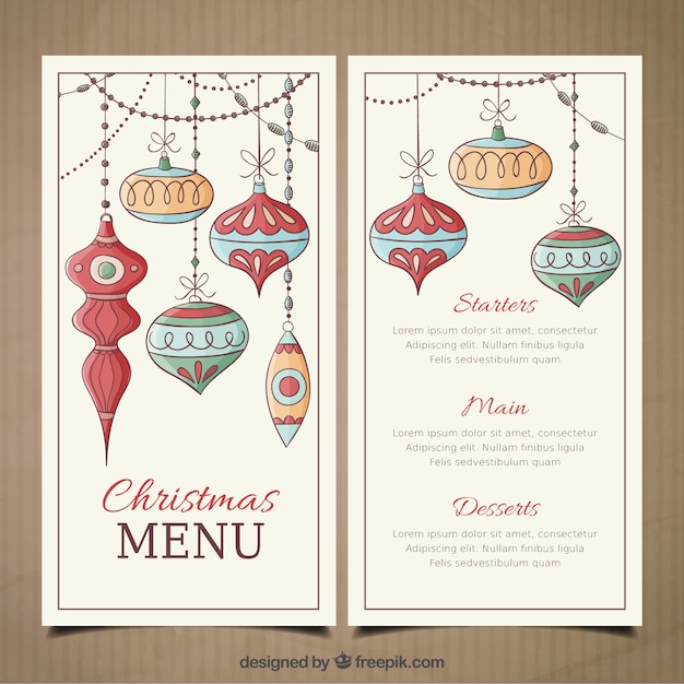 Vector christmas menu template with hand drawn baubles