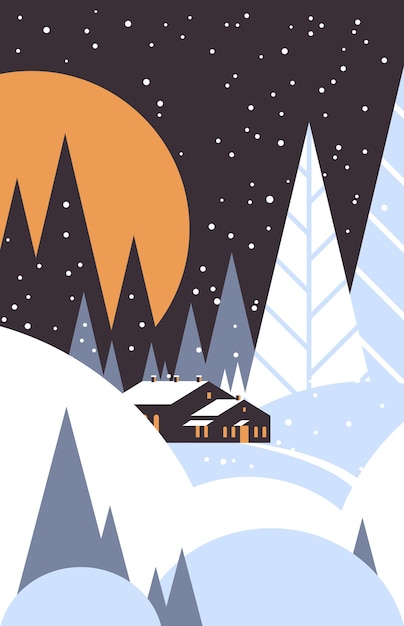 Vector christmas night countryside landscape with house in forest merry xmas  winter holidays concept greeting card vertical vector illustration