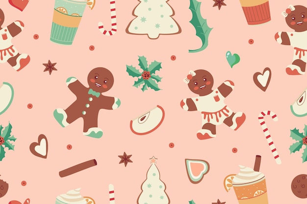Vector christmas seamless pattern with cute characters gingerbread men sweets holiday pastries and drinks design for christmas backgrounds wrapping paper