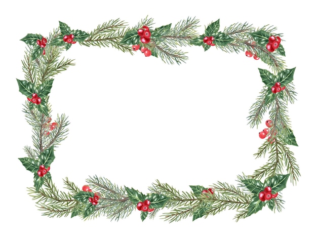 Vector christmas spruce frame green ilex leaves with bunch of red berries spruce fir evergreen plant holly leaves copy space for text watercolor illustration for greeting postcards