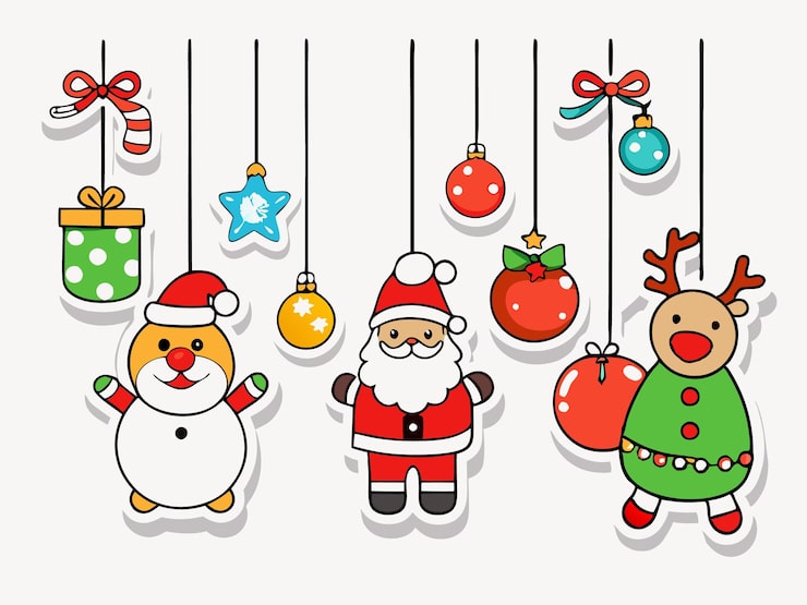 Vector christmas stickers with santa reindeer snowman hanging on strings transparent png