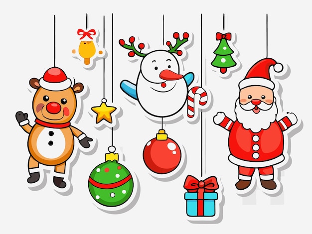 Vector christmas stickers with santa reindeer snowman hanging on strings transparent png