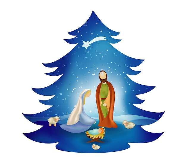 Vector christmas tree nativity scene with holy family on blue background bethlehem