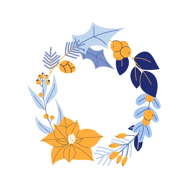 Vector christmas wreath with pine spruce and rowan branches