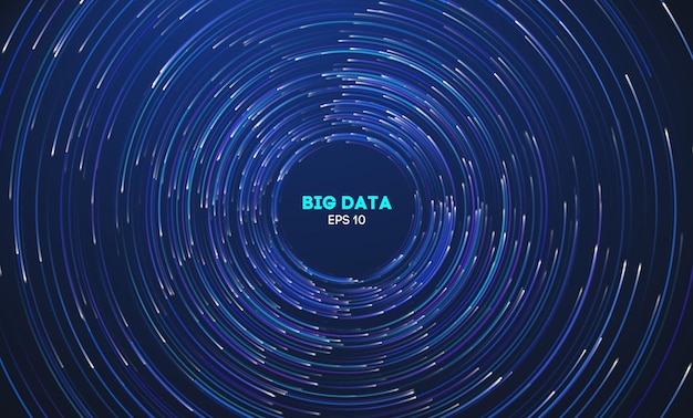 Vector circular data swirl on dark blue technology background hurricane vortex concentric lines